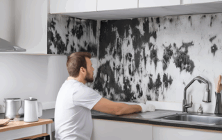 Man inspecting severe black mold on kitchen wall above sink