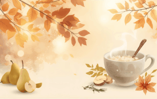 A warm autumn wellness scene with herbal tea, ginger porridge, pears, and seasonal leaves, representing Traditional Chinese Medicine support for digestion, immunity, and balance.