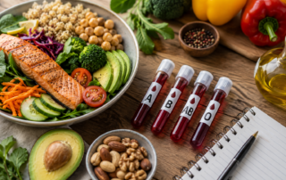 Personalized nutrition concept with healthy whole foods and blood type testing for metabolic health