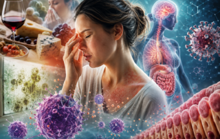 Woman experiencing histamine intolerance symptoms with immune system activation, gut inflammation, Long COVID, and mast cell activation syndrome concepts